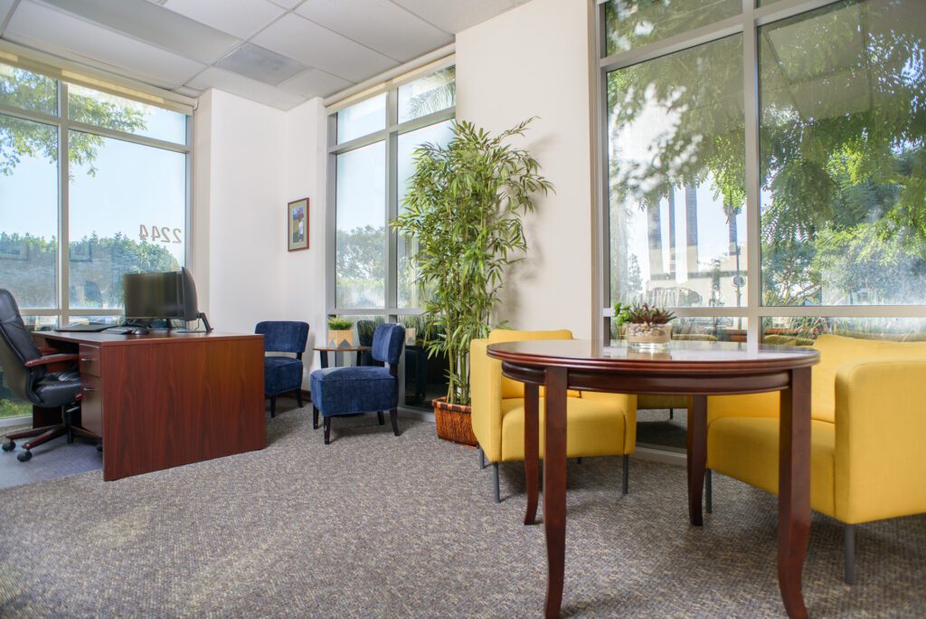 private office, yellow and blue chairs